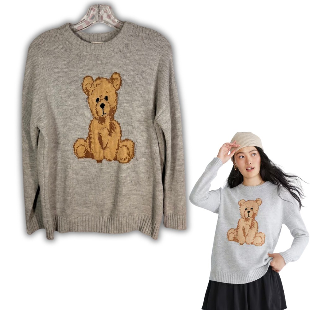 Aeropostale Gray Teddy Bear Intarsia Knit Crew Neck Sweater Womens Small RL